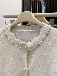 Cute Women's Pearl Decorated Knitted Cardigan, Tie Waist Ruffle Hem Sweater Top Suitable For Coffee Dates And New Year Outfits - White - View 10