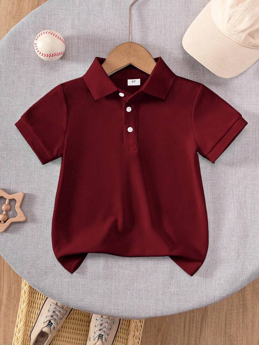 Young Boy Classic Burgundy Solid Color Short Sleeve Polo Shirt, Suitable For Daily Wear, Outings, Gatherings, Performances And Activities - Burgundy - View 1