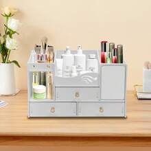 White PVC Cosmetic Organiser, Tabletop Makeup Storage Drawer Case With Mirror, Vanity Unit For Cosmetics, Jewellery For Bedrooms And Student Dormitories - White - View 2