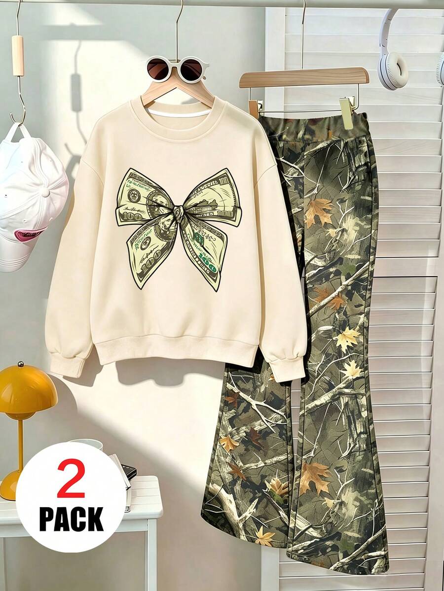 2pcs/Set Girls Bow Print Crew Neck Long Sleeve Sweatshirt And Leopard Print Flare Pants, Fashion Casual, Suitable For Autumn/Winter - Multicolor - View 1