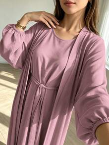 1 Set Soft Muslim 3-Piece Abaya Dress Inner Layer + Cardigan + Belt Classic Versatile Style - Multicolor - View 4