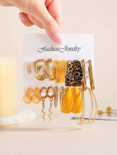 Bộ 10/20 đôi bông tai nữ phong cách Âu Mỹ sang trọng vintage, khuyên tai vòng kim loại bất đối xứng, bông tai hình rắn acrylic họa tiết da báo dáng giọt nước cao cấp