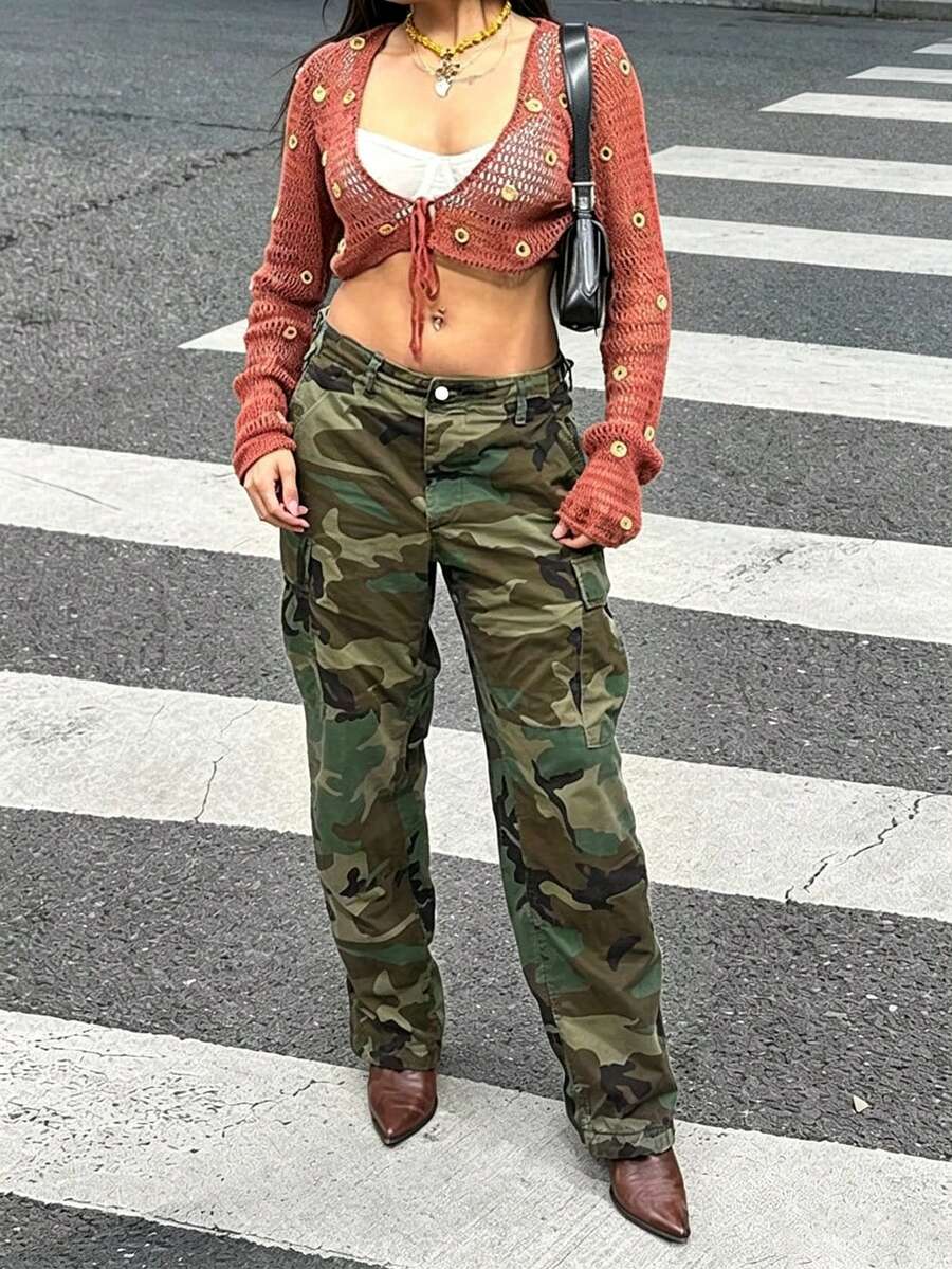 女式迷彩图案休闲街头风格工装牛仔裤 - 軍綠色 - 查看 1