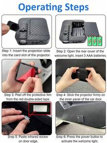 PAKRYS 2件組汽車車門投影燈，無線LED黏貼式迎賓燈，LED幽靈投影迎賓燈，通用汽車配件，適用於大多數轎車、SUV、卡車 - [免接線]智慧光感應-碳纖 - 查看 8