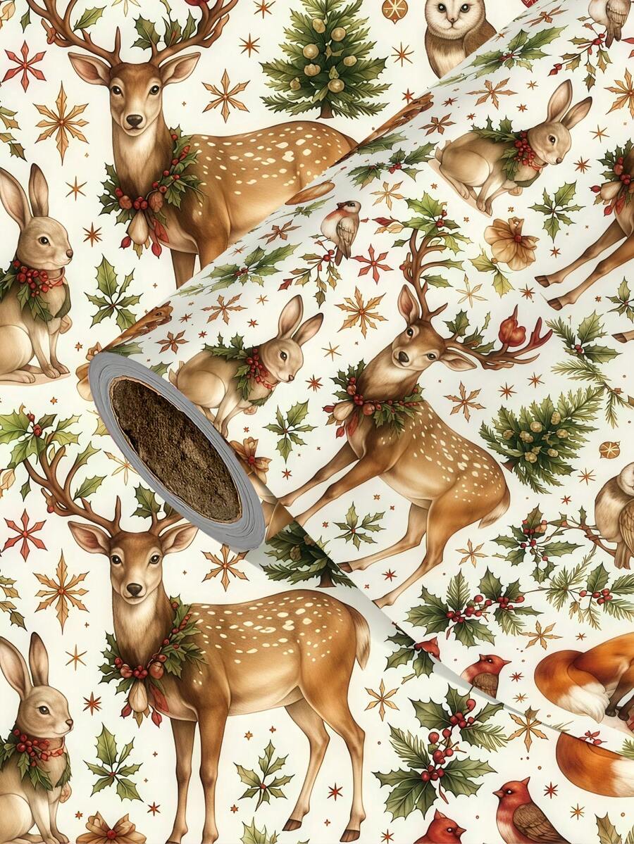 1 Roll Of Christmas Gift Wrapping Paper Featuring A "Cute Forest Animals" Theme;Perfect For Christmas Gift Wrapping,Holiday Party Decor,Home Festive Decoration,DIY Craft,Festive Favour Wrapping Dimensions: 43 Cm X 300 Cm. - A - View 1