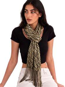 1pc Shiny Gold Thread Zebra Print Tassel Headscarf, Bohemian Style Elegant Party Solid Color Scarf, Street Style Versatile Sun Protection Shawl, Suitable For Daily And Party Wear - Gold Zebra Print - View 3