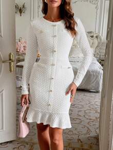 Elegant White Knitted Bodycon Long Dress For Women, Long Sleeve With Gold Buttons, Perfect For Fall Casual Wear - White - View 8