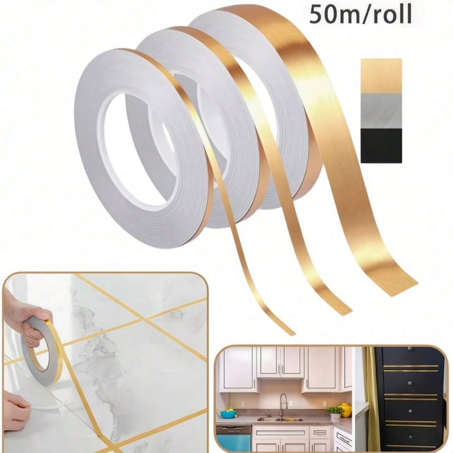 [PVC Kantenschutz] 50m/1968,5 Zoll selbstklebender Fliesenaufkleber, gebürstete goldene Metalltextur Fugenband, mit starker Kleberückseite, perfektes Werkzeug zum Abdecken und Verschönern von Wand- und Bodenfugen