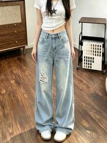 1pc Women's Blue Loose High Waist Wide Leg Jeans, Cotton Pants, Distressed Straight Leg Denim - Blue - View 2