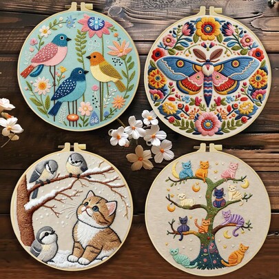 1PC 20*20cm/7.9*7.9in,Birds And Cats Embroidery Kit, DIY Handmade Embroidery Set For Adult Beginners, Home Gift, Women's Sewing Gift, Including User Manual, Printed Pattern Fabric, Embroidery Frame, Needle And Thread.