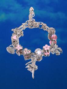 1pc Women's Silver Tone Pink Floral Heart Bow Rhinestone Charm Bracelet - Multicolor - View 2