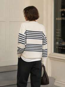 New Autumn/Winter Women's Minimalist Casual Striped Crew Neck Cardigan Sweater - Beige - View 2