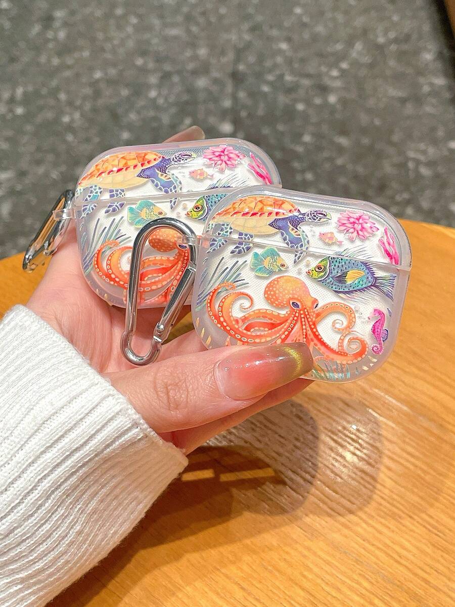 1個紅色章魚海龜熱帶魚海馬珊瑚海洋生物印花透明全包覆藍牙耳機保護殼，Ins夏季海灘度假清新療癒氛圍，清爽俏皮海洋風防塵防震防刮軟殼，附銀色便攜掛鉤夾；適用於情人節、母親節、復活節、兒童節、開學季、感恩節、萬聖節、聖誕節