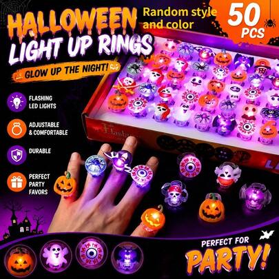 50Pcs LED Light Up Finger Rings, Flashing Glow In The Dark Pumpkin Skull Bat Spooky Decor, Battery Operated Luminous Party Favors Goodie Bag Fillers For Birthday Concert Club Halloween Trick Or Treat Costume Home Decor Gift