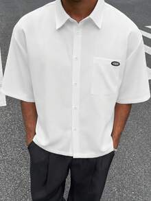 HOMIIE Men White Boxy Short Sleeve Button Down Shirt, Lapel Collar Single Chest Pocket Loose Cropped Top, Streetwear Back To School Outfit - White - View 5