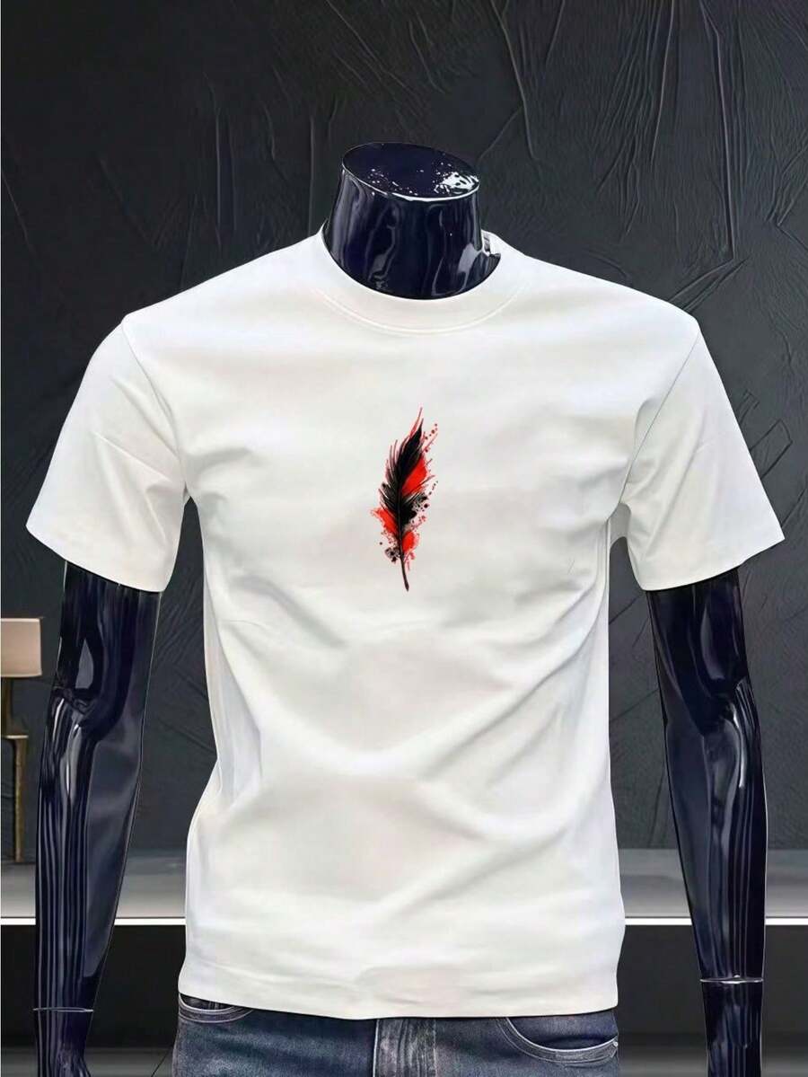 Camiseta Minimalista para Hombre con Estampado de Plumas en Tinta Negra y Roja, Cuello Redondo, Estilo Casual de Verano, Ropa Urbana Moderna para Uso Diario - Blanco - Ver 1