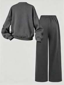 Young Girl Letter Graphic Print Crew Neck Sweatshirt And Sweatpants Casual Set - Dark Grey - View 3