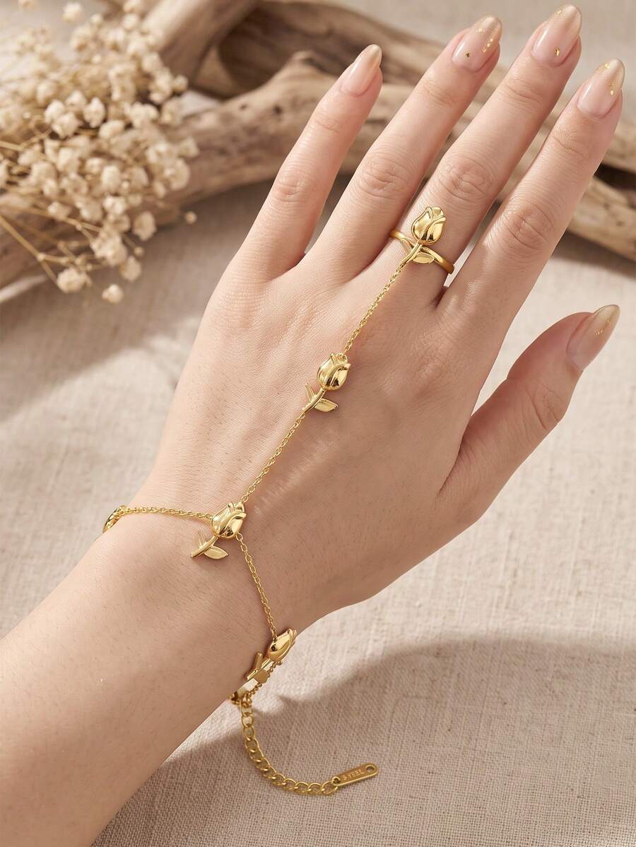 1Set Rose Bracelet Ring Set For Women, Stainless Steel Connected Finger Hand Chain Floral Hand Harness Jewelry Daily Party Gift - Multiple Styles - View 1