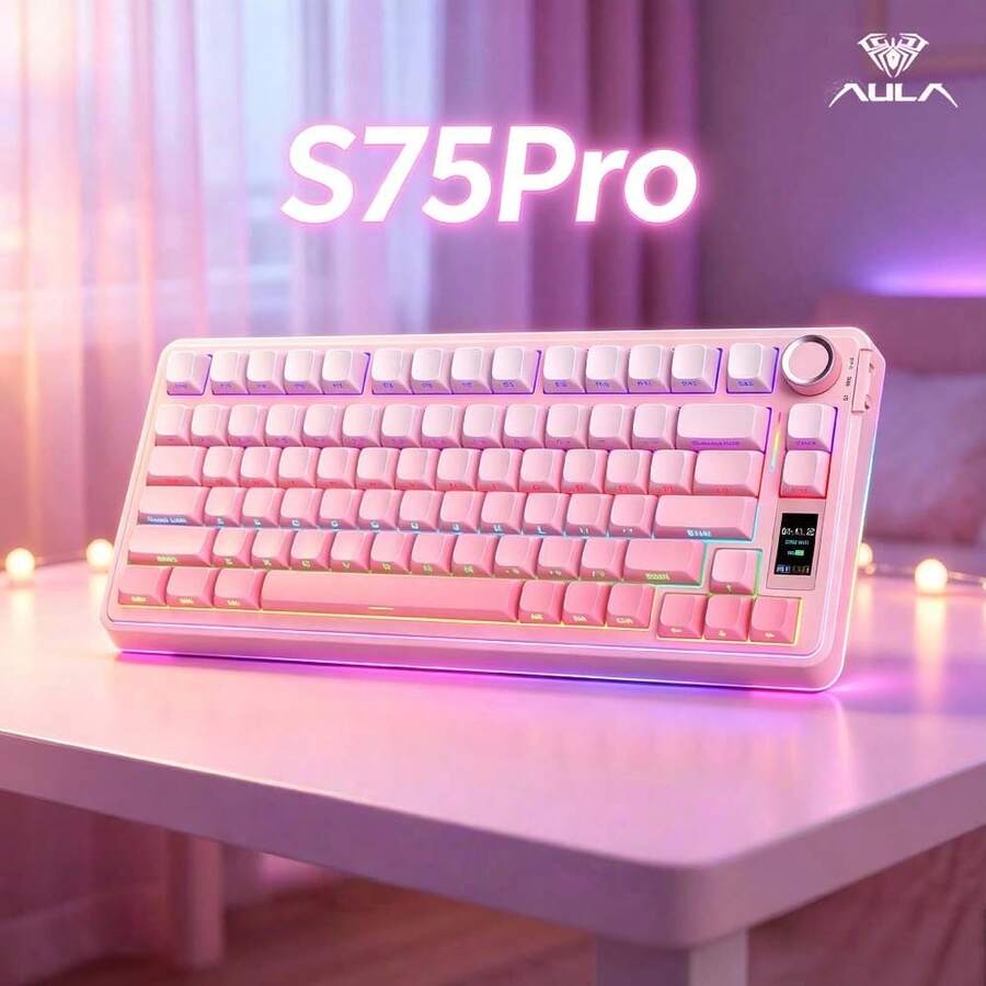AULA Keyboard Mekanik S75 Pro dengan Desain Gradien yang Menarik, Tutup Tombol PBT dengan Cetakan Samping, Penyangga Kaki yang Dapat Diatur, PC/Mac/LinuxPBT, Layar GIF yang Dapat Diprogram, Suara Ketik yang Lembut, Bluetooth Stabil untuk Pelajar, Kantor, Pemain, dan Penggunaan Sehari-hari