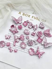 Cuentas de resina estampadas vintage con mariposa encantadora, rosa, lazo y forma de corazón para hacer pulseras, llaveros y accesorios para el cabello DIY - Multicolor - Ver 7