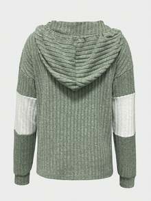Women's Drawstring Contrast Color Button Design Hooded Knit Sweatshirt - Green - View 2