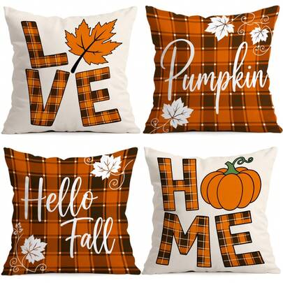 4pcs Autumn Buffalo Plaid Maple Leaf Pattern Pillow Covers, Single-Sided Printed Pillow Covers, Suitable For Living Room Bedroom Home Decor, All Season Pillow Covers