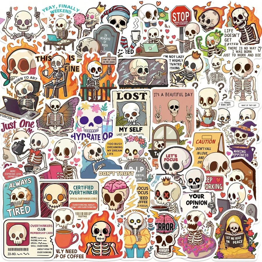 50PCS Cartoon Skeleton Graffiti Stickers Halloween Stickers Halloween Funny Decorations Vinyl Waterproof Stickers For Water Bottle,Computer,Laptop,Phone,Luggage,Notebook,Fridge - Multicolor - View 1