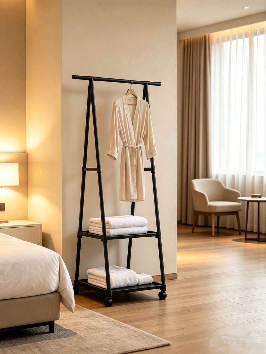 1pc A-Frame Rolling Floor Coat Rack With Double Layer Storage Shelves, Heavy Duty Movable Metal Clothes & Hat Organizer, Space Saving Portable Garment Rack Stand With Wheels For Bedroom, Store, Dorm, Closet, Laundry Room, Father's Day Gift - View 1