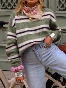 Women's Striped Casual Daily Pullover Sweater - Green - View 3