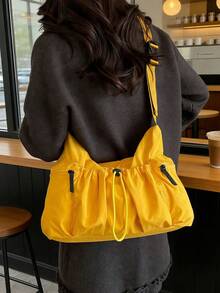 Tas Bahu Kain Motif Pita Gaya Korea & Jepang, Kasual dan Serbaguna, Bahan Corduroy, Banyak Kantong, Dapat Dilipat, Tali Bahu yang Dapat Diatur, Cocok untuk Penggunaan Sehari-hari, Pelajar/Mahasiswa, Desain Lipat Minimalis yang Lucu dengan Kantong Serut di Depan - MultiWarna - View 4