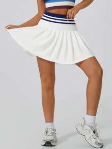 Rok Tenis Wanita Putih Colorblock Pinggang Tinggi, Saku Terintegrasi dan Celana Pendek Musim Panas - Putih - View 4