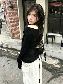 韓系小眾設計掛脖背心與露肩長袖T恤兩件式層次修身套裝 女款 - 黑色 - 查看 3