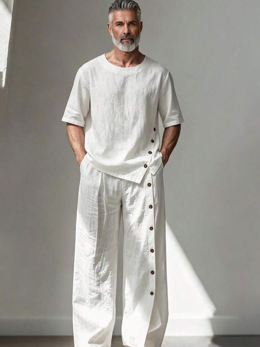 GOLDREDY 夏季日系文青風男士寬鬆圓領短袖襯衫+不對稱鈕扣寬腿褲 2 件套薄款休閒套裝 - 白色 - 查看 1