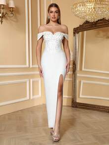 Women's Pure White Elegant Heart-Neckline Wide Strap Pearl Rhinestone Evening Birthday Party Graduation Prom Holiday Dress - White - View 9
