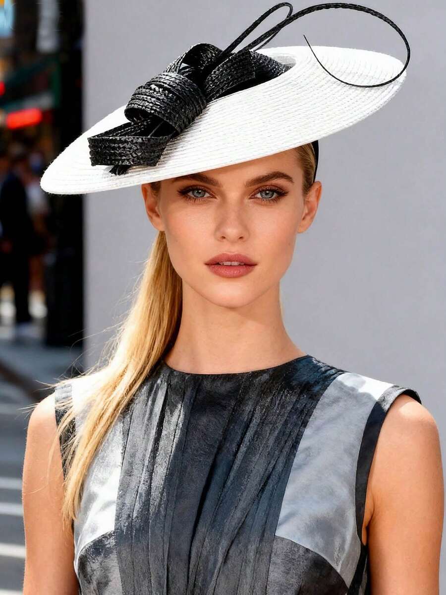 HIMESPORT Elegant Fascinator Hat | Wedding Derby Cocktail Straw Wide Brim | Women's Vintage Formal Church Tea Party Dress| Summer Beach Mother Bride Hats - Solid Color - View 1