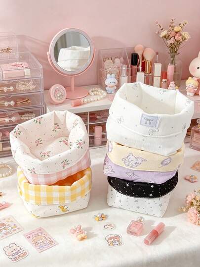 Floral Cartoon Fabric Desktop Storage Basket, Foldable Plaid Cosmetic Hair Accessory Organizer Tray Bow Star Printed Desktop Sundries Organizer Tray