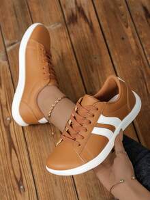 Women's Plus Size Wide Toe Box Minimalist Faux Leather Sports Shoes With Side Double Stripe Decor, Front Lace-Up Barefoot Style, Suitable For Outdoor Sports - Brown - View 6