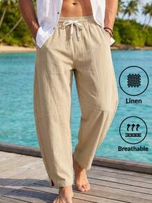 Men's American Style Loose Linen Casual Minimalist Straight Leg Drawstring Curved Hem Pants - Khaki - View 1