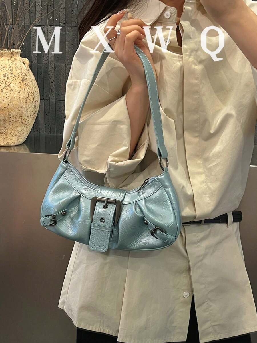 女款復古龐克鉚釘機車單肩包，通勤腋下包