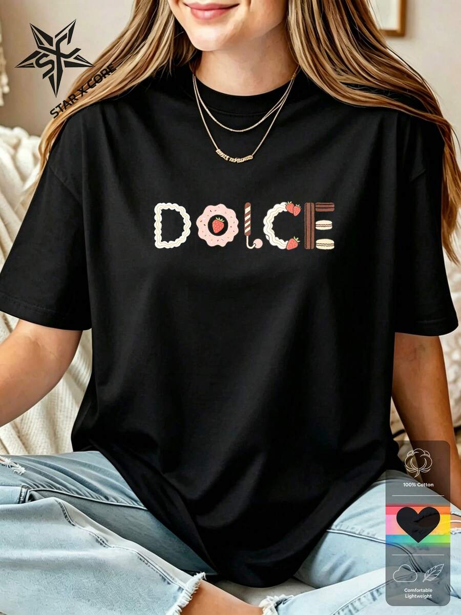 Sweet Bakery Dessert Lettering Graphic Tee, Casual Cotton Short Sleeve T-Shirt, Women - 黑色 - 查看 1