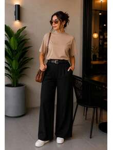 High-Neck Cotton T-Shirts Inspired By Zaara, Solid T-Shirt, Basic Casual, Stripped, Women's Blouse, Fashion, Summer 2024 - 卡布奇諾 - 查看 4
