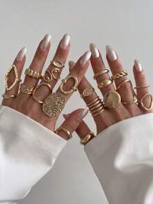 20Pcs Minimalist Gold Stackable Rings Set, Geometric Hollow Textured Chunky Finger Rings, Vintage Jewelry Gift For Women - Gold - View 1