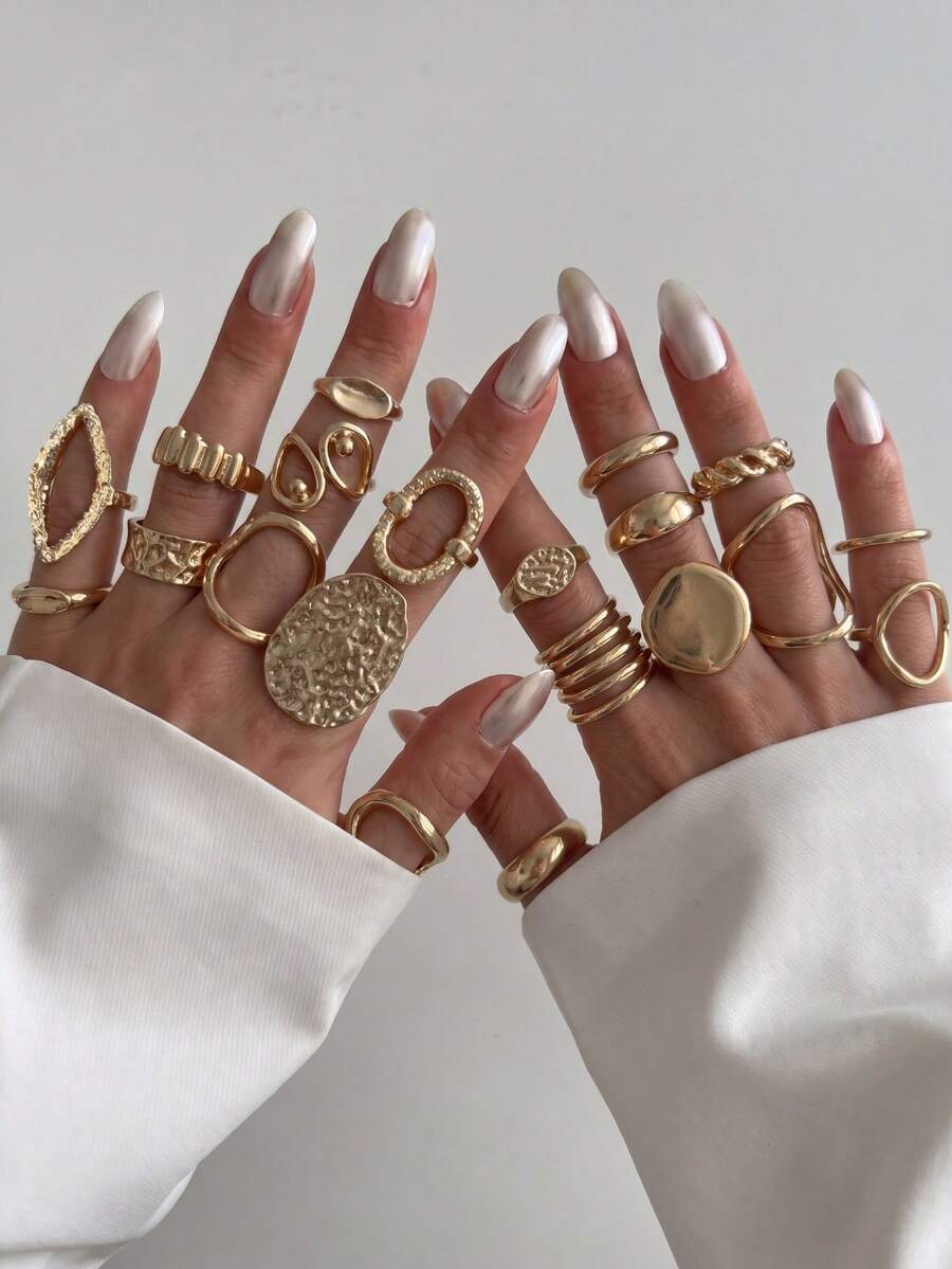 20Pcs Minimalist Gold Stackable Rings Set, Geometric Hollow Textured Chunky Finger Rings, Vintage Jewelry Gift For Women - Gold - View 1