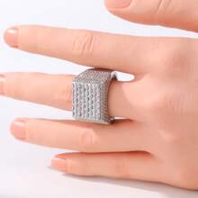 Women's Fashion Wide Band Ring, Square Face Fully Set With Synthetic Zirconia, Luxury High-Profile Versatile Style, Suitable For Evening Gowns, Eye-Catching Finger Ring - Silver - View 2