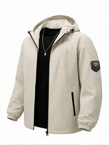 Solid Beige Hooded Jacket With Arm Patch, Hook And Loop And Zipper, Casual Camping Outfit For Women - Apricot - View 3