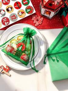 24pcs Christmas Drawstring Gift Bags With Sticker Green Organza Gift Wrapping Bags Mesh Bags 24 Days Christmas Advent Calendar Gift Bag For Winter Holiday Christmas Party Favor Christmas Gifts - Green - View 5