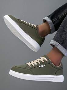 Men's Low-Top Lace-Up Sneakers, Solid Color Minimalist Flat Design, Suitable For Daily Commute, Casual Outings And Leisure Wear - Army Green - View 5