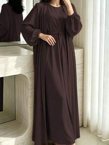1 Set Soft Muslim 3-Piece Abaya Dress Inner Layer + Cardigan + Belt Classic Versatile Style - Multicolor - View 18