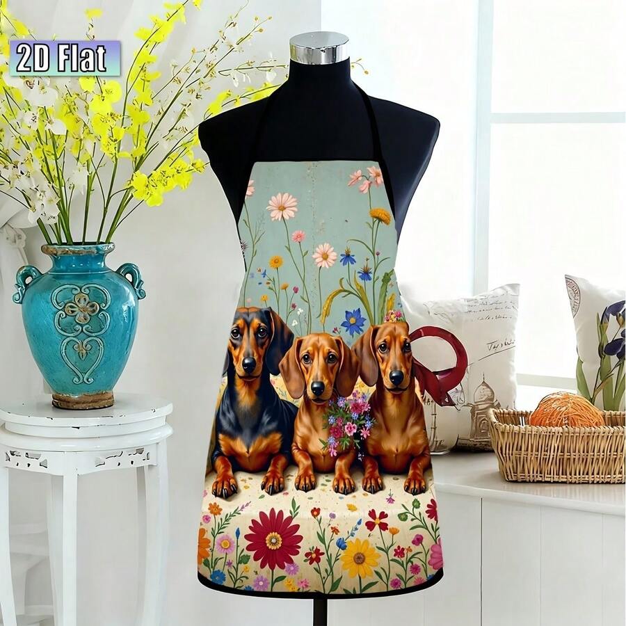 An Apron Featuring A Pattern Of Three Dachshunds And Floral Motifs; Its Simple, Stylish Design And Cute Dog Imagery Make It An Ideal Gift, While Also Making It Suitable For A Variety Of Settings, Such As Cafes, Bakeries, And Home Kitchens. - Multicolor - View 1