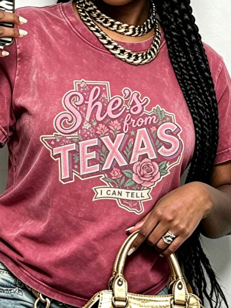 Y2K,She's From Texas Shirt, Retro Texas T-Shirt, Bluebonnet Floral Texas Girl Tee, Southern State Pride Gift, Shes From Texas I Can Tell Shirt - 玫紅色 - 查看 1